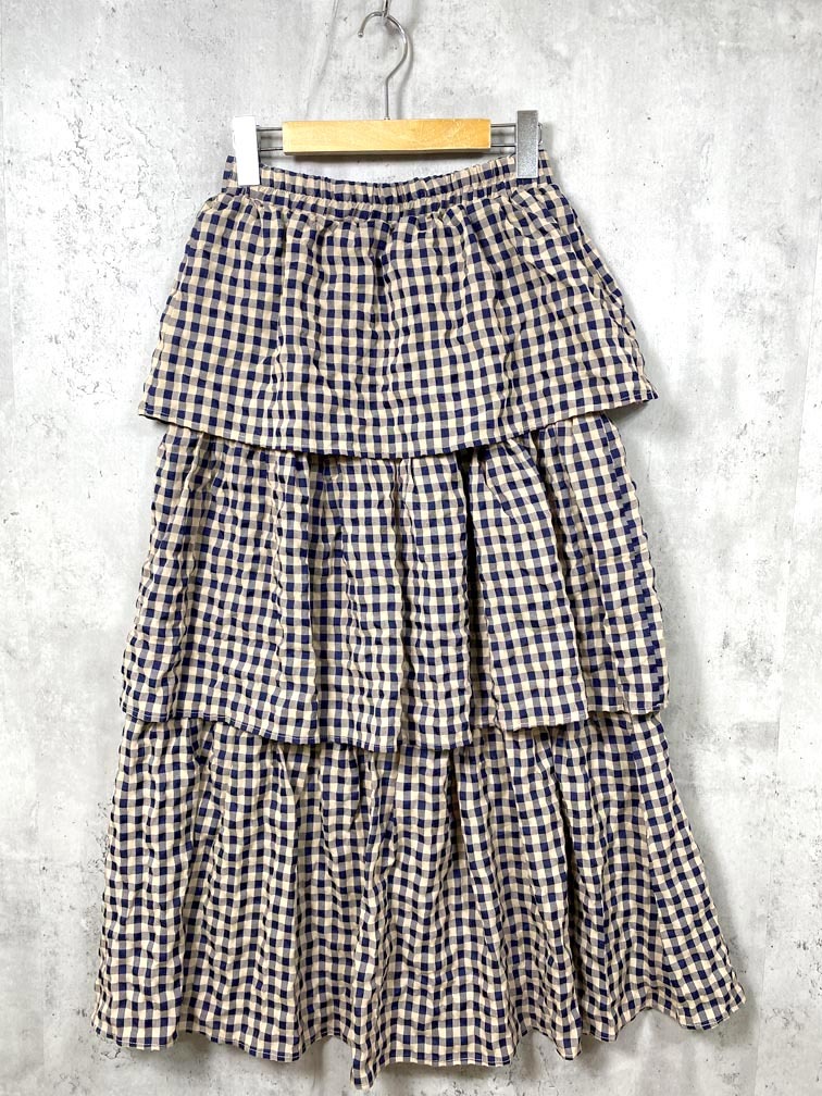 ゆうパケットOK forksy. フォルクシー 31377H334 ギンガムチェックティアード スカート sizeM/ベージュ ■■拍卖