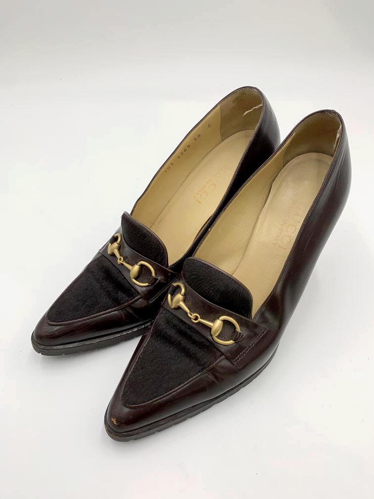 GUCCI グッチ 4249 ポンテッドトゥ ホースビット ハラコ切替 ヒール パンプス size38/茶 ■■拍卖