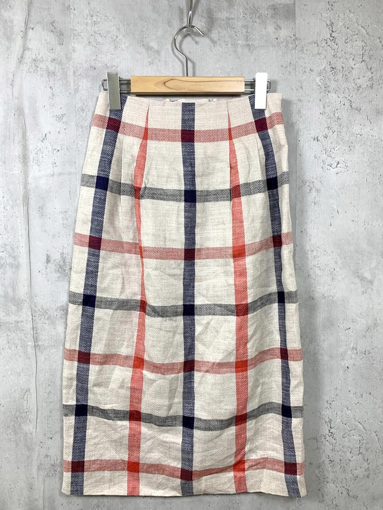 ゆうパケットOK 美品 fredy emue フレディエミュ リネンコットン チェック柄 タイト スカート size36/ベージュ ■■拍卖
