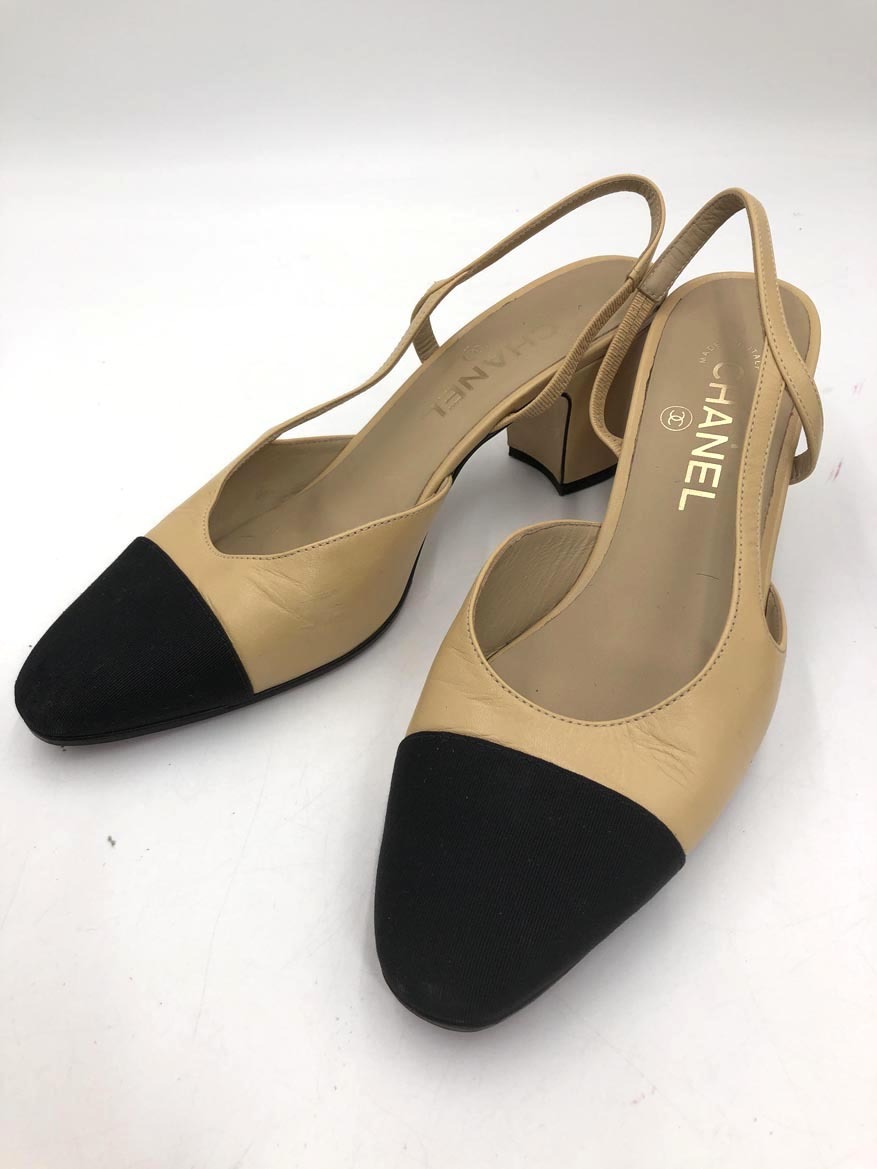 CHANEL シャネル G31318 ゴートスキン&グログラン イタリア製 スリングバック パンプス size38C/ベージュ×黒 ■■◎ ☆ fja8 レディース拍卖