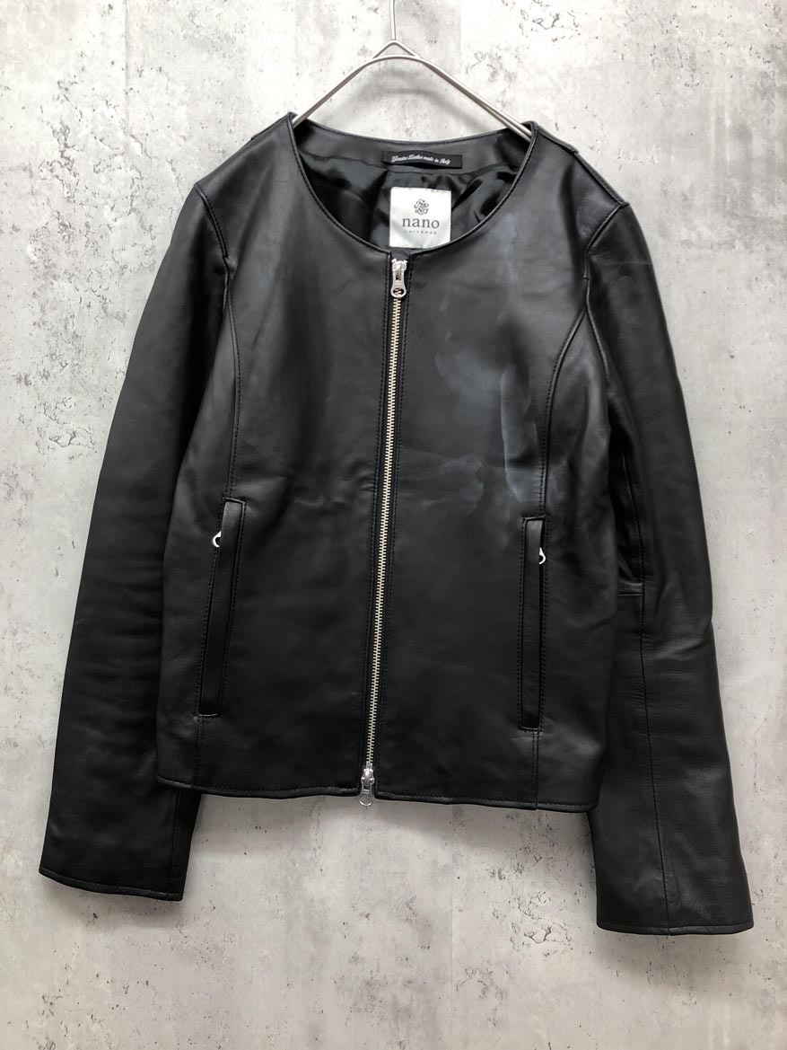 nano universe ナノユニバース ラムレザー ノーカラー ライダース ブルゾン ジャケット size36/黒 ■■ ☆ fjb7 レディース拍卖