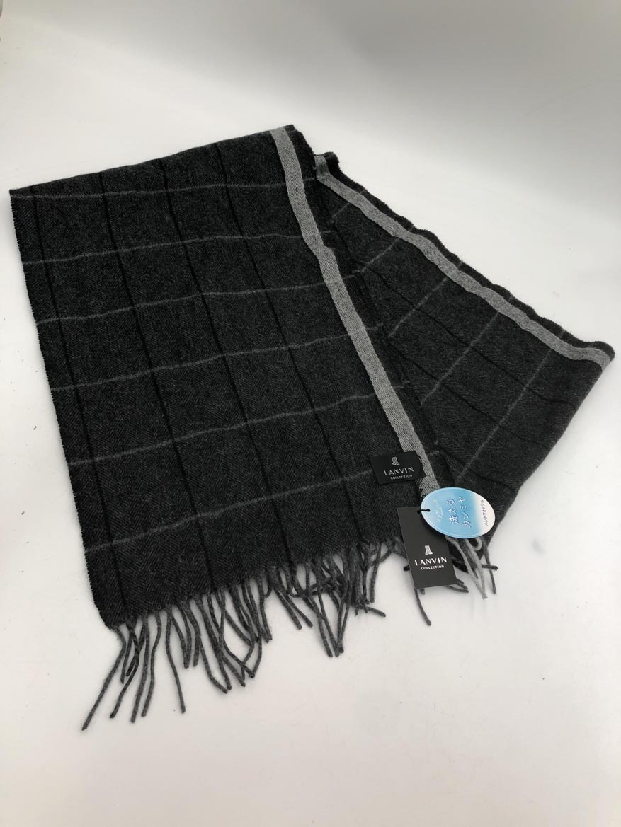 新品 LANVIN ランバン カシミヤ100% チェック マフラー チャコール ■■ ☆ fjc1 メンズ拍卖