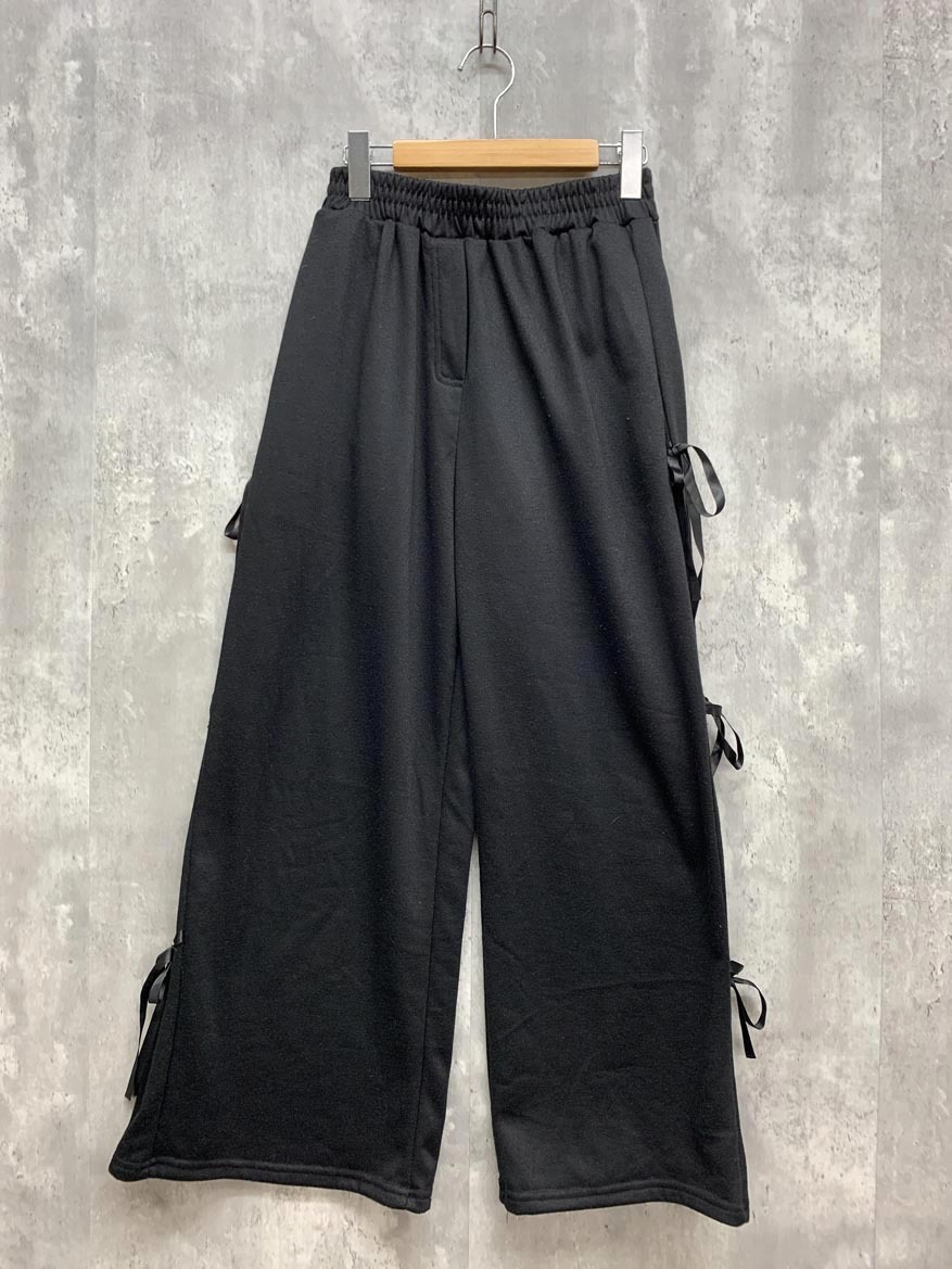 me+em select ミームセレクト B01-23-0129 3ストラップサイドリボンワイド スウェット パンツ sizeF/黒 ◇■ ☆ fjc8 レディース拍卖