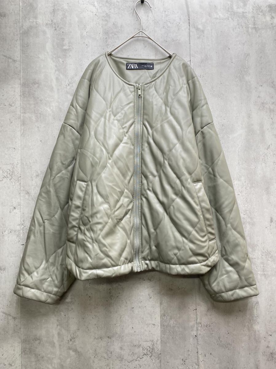 ZARA ザラ 3046/527/506 フェイクレザーパフ キルティング ジャケット sizeL/グリーン系 ◆■拍卖