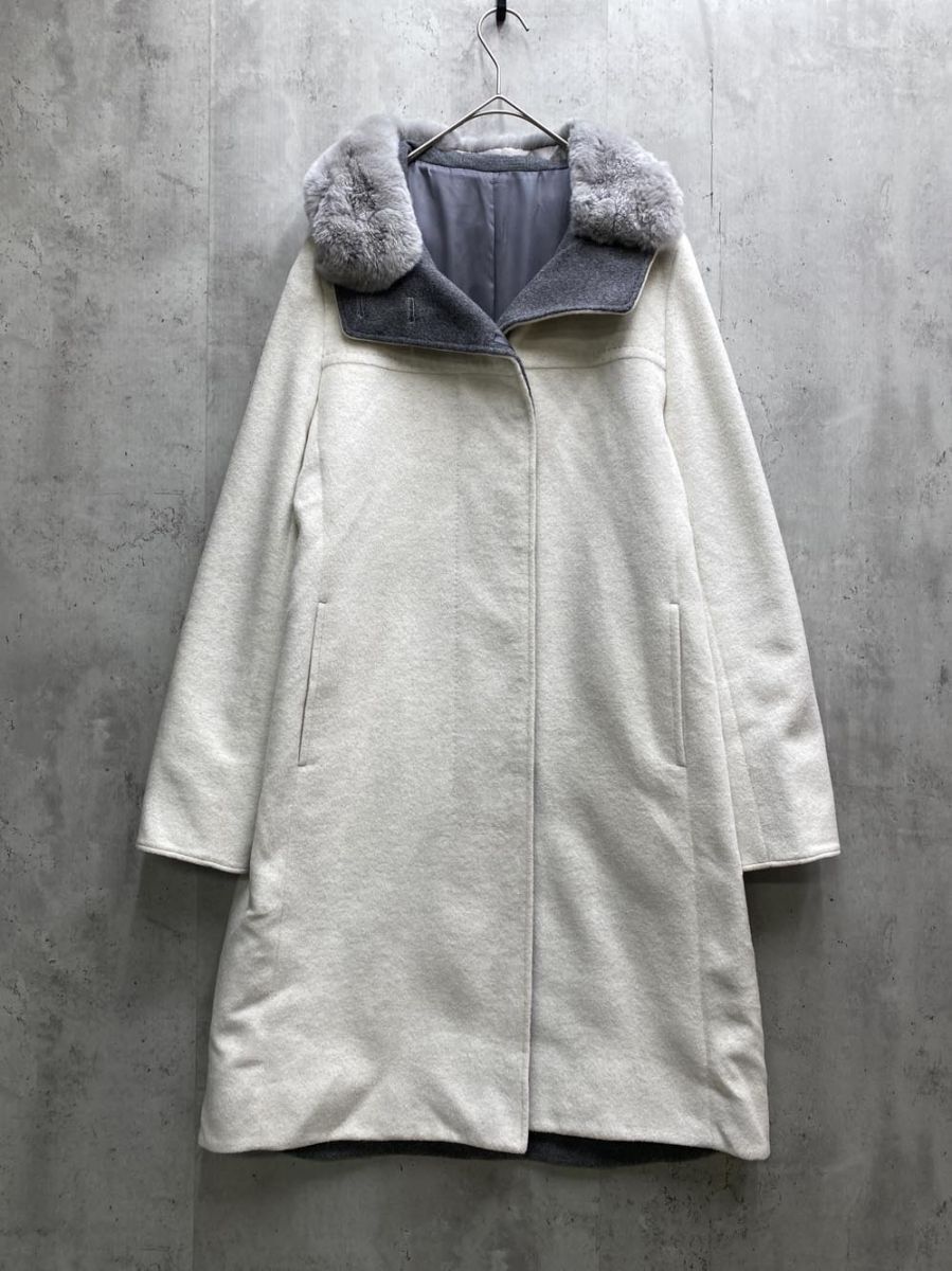 LUMINOSO COMMECA ルミノーゾコムサ アンゴラウール スタンドフーデット コート size9/オフホワイト ◆■拍卖