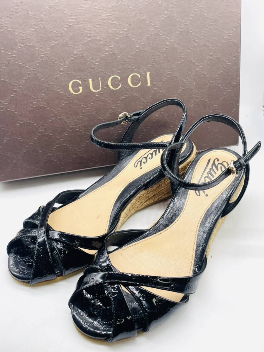【極美品】GUCCI グッチ ペネロープ マイクログッチッシマ パテントレザー ウェッジ エスパドリーユブラック 黒 レディース 日本サイズ23cm拍卖