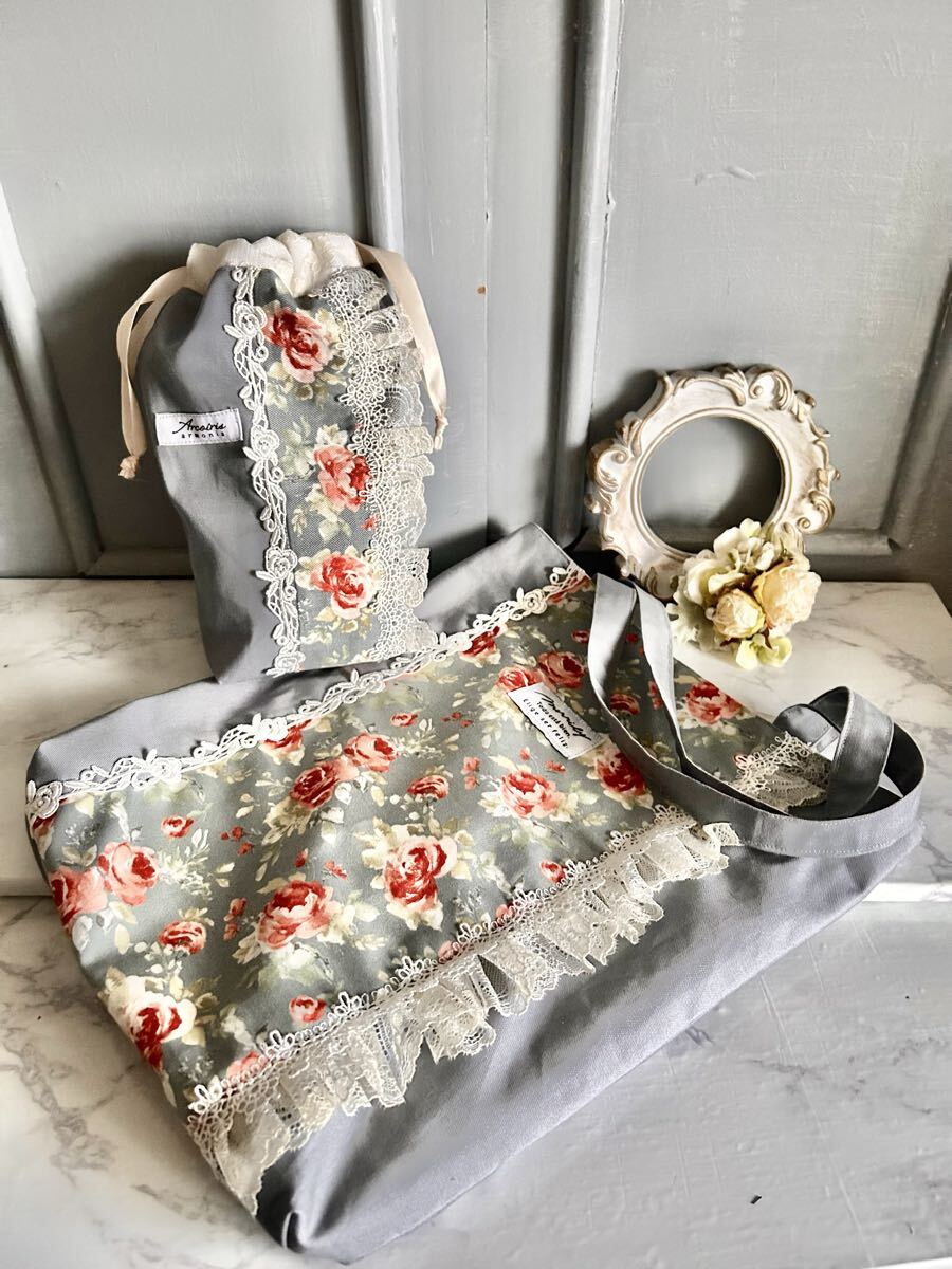 ハンドメイド◇ミニ巾着+バッグ2点セット◇ローズ柄試作処分拍卖