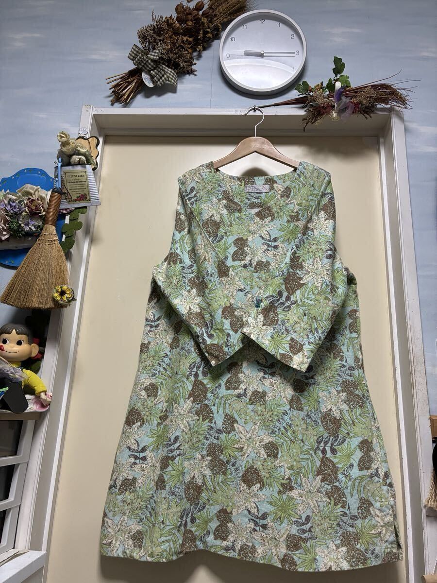 【美品】★あむう★優しい色合いで花柄プリントが素敵な麻(リネン)100%の揺ったりワンピース★サイズ/F拍卖