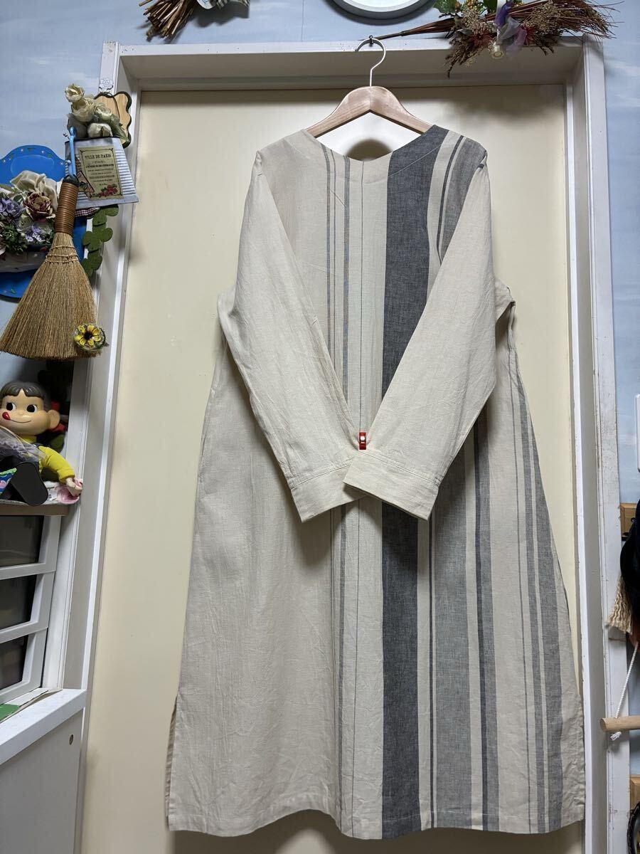 【極美品】★SELF.SERVICE(セルフサービス)★優しい色合いのボーダー柄で麻混の揺ったりワンピース★サイズ/L拍卖