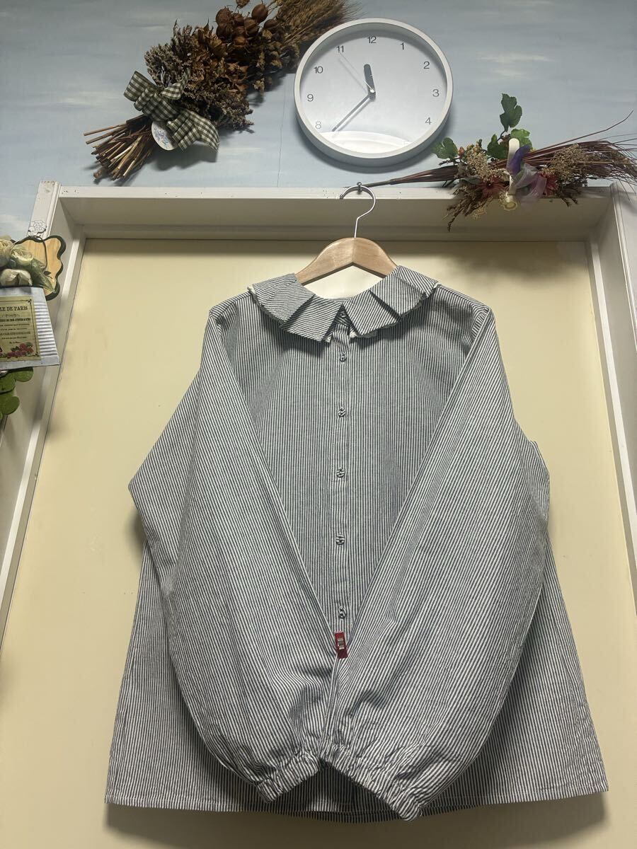 【美品】★samansa.mos2(サマンサ)★落ち着きのある色合いのボーダー柄でフリルの二枚襟がお洒落な麻混の揺ったりブラウス★サイズ/F拍卖