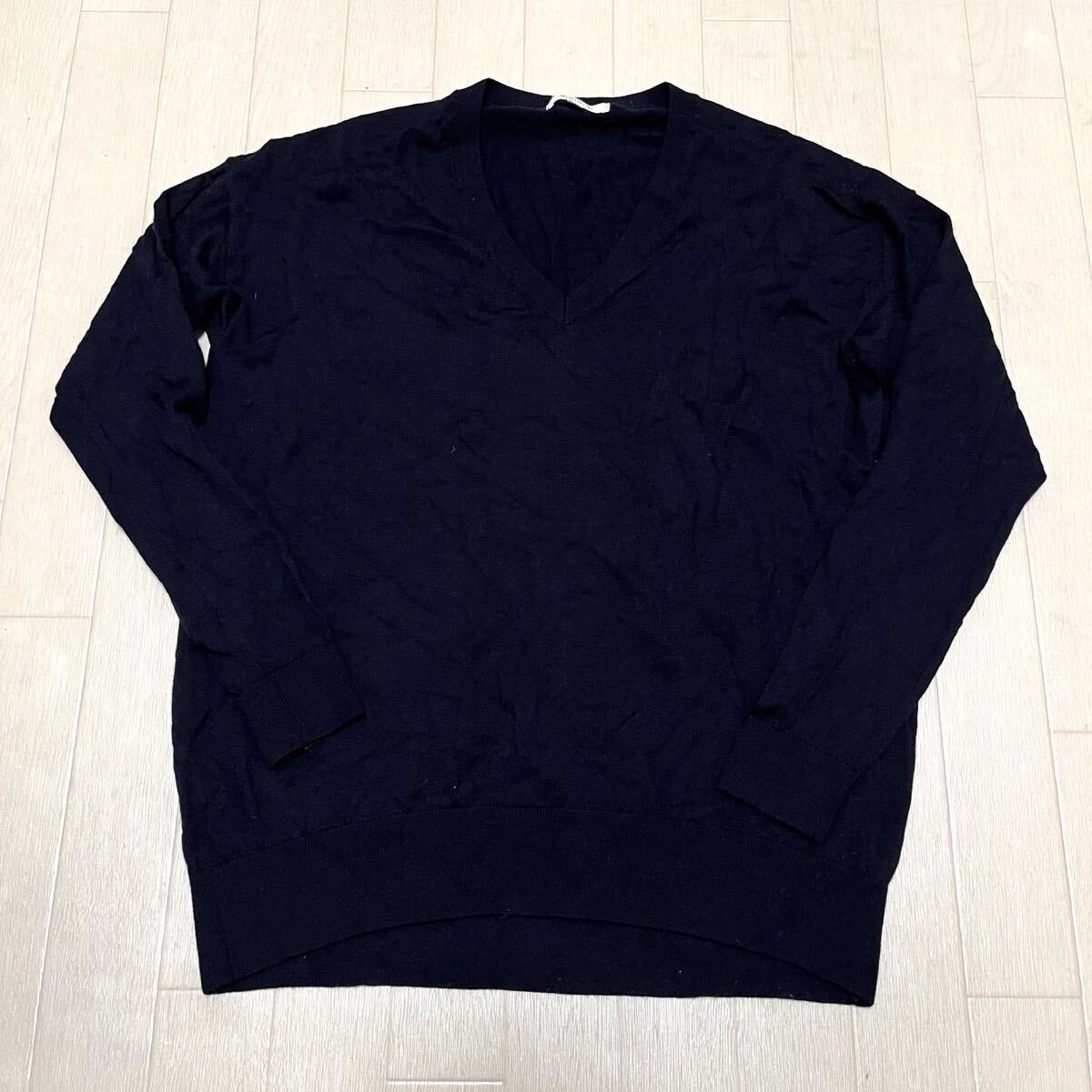 和850★ PLST プラステ ニット セーター Vネック 無地 長袖 M ネイビー レディース拍卖