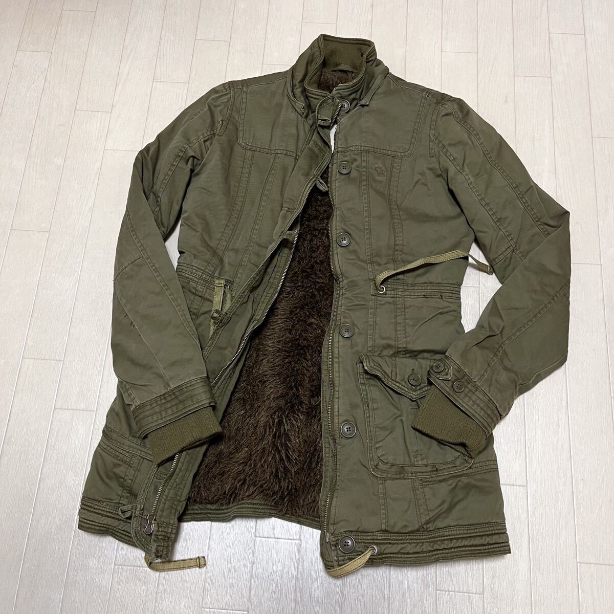 和858★ Abercrombie&Fitch アバクロンビー&フィッチ ミリタリーコート 裏ボア セミロングコート M オリーブ カーキ レディース拍卖