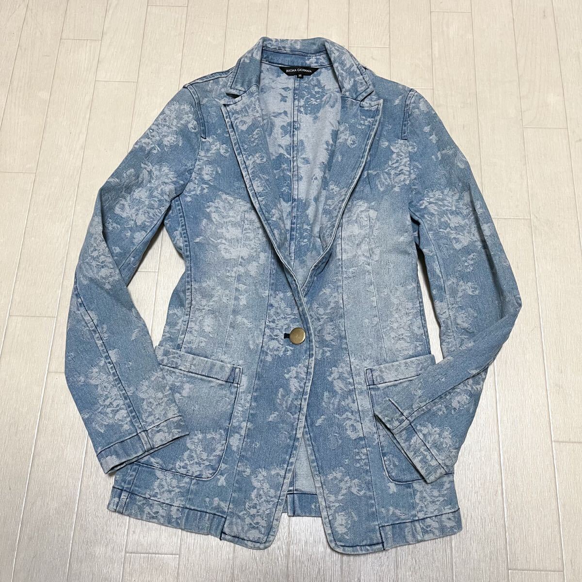 和851★ BUONA GIORNATA ボナジョルナータ テーラードジャケット デニムジャケット 1ボタン 総柄 M ブルー レディース拍卖