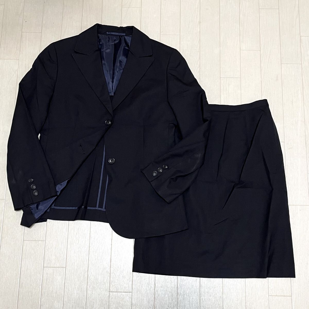 和851★① J.PRESS ジェイプレス スーツ セットアップ テーラードジャケット スカート シルク混 11 ネイビー レディース拍卖