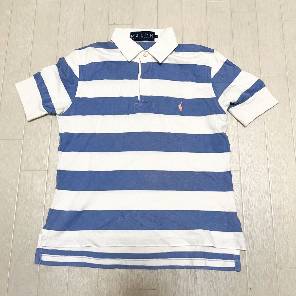 和851★ RALPH RALPH LAUREN ラルフローレン 半袖 ボーダー ポロシャツ M ブルー ホワイト レディース拍卖