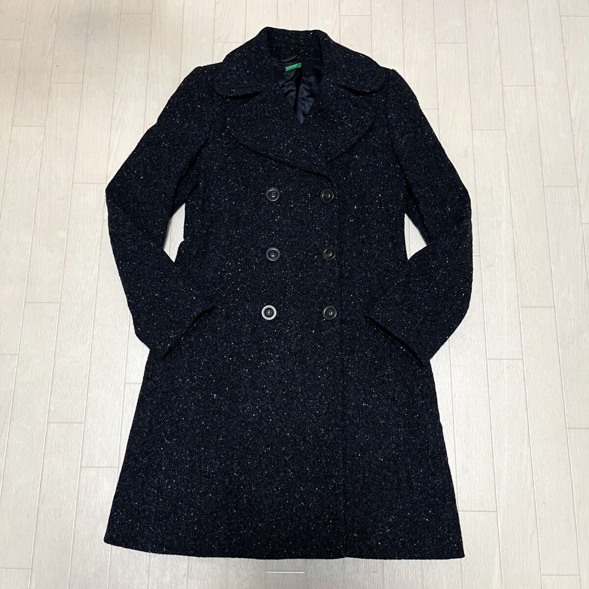 和852★ UNITED COLORS OF BENETTON. ベネトン チェスターコート ロングコート ダブルボタン 40 ブルー ブラック レディース拍卖
