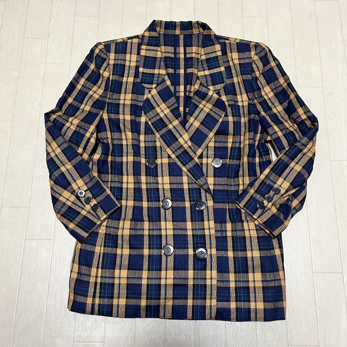和853★ Leilian レリアン テーラードジャケット チェック ダブルボタン WURMSER 9 ネイビー ベージュ レディース拍卖