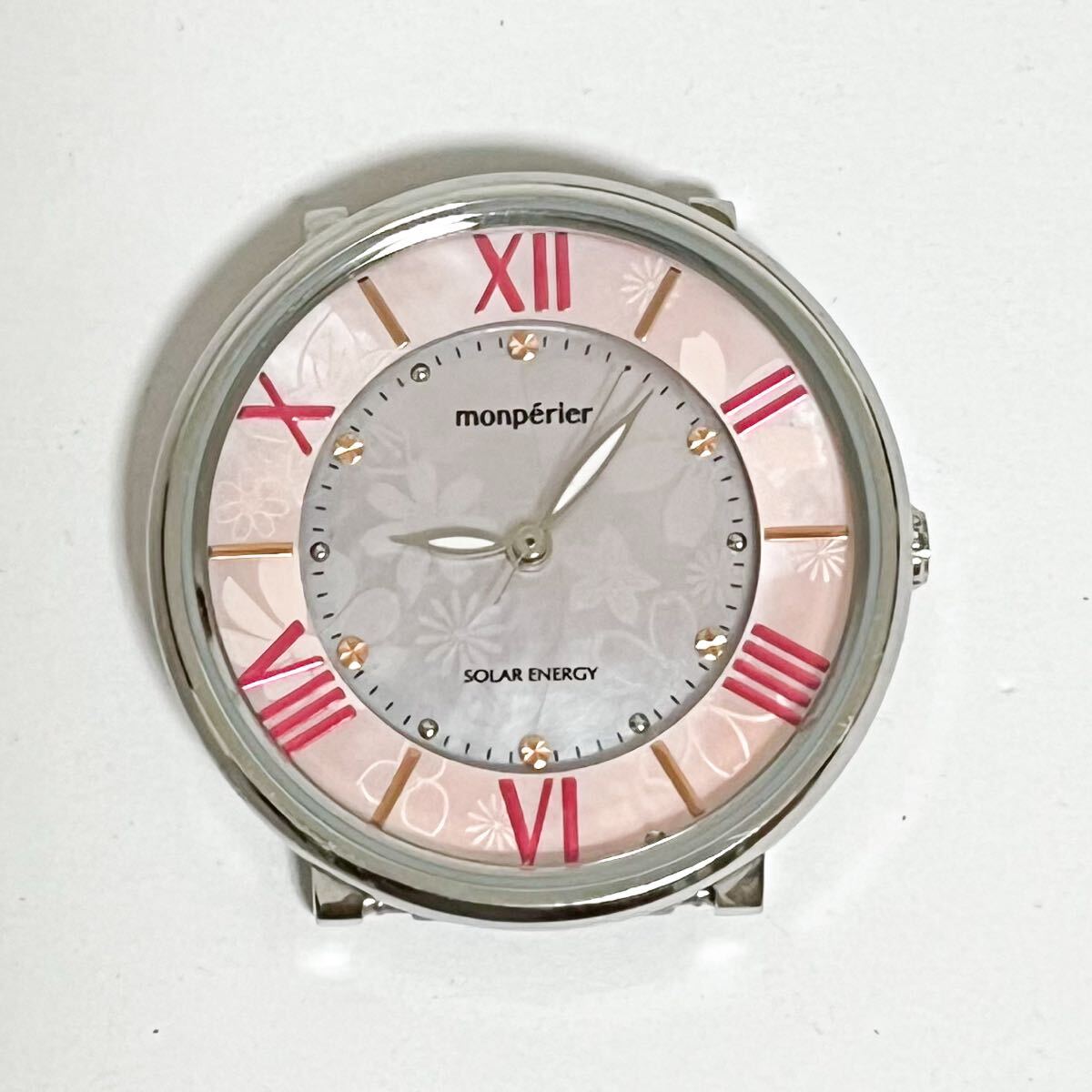 和854★ monperier SOLAR ENERGY モンペリエ 699003 腕時計 ウォッチ 3針 シェル ピンク レディース フェイスのみ拍卖