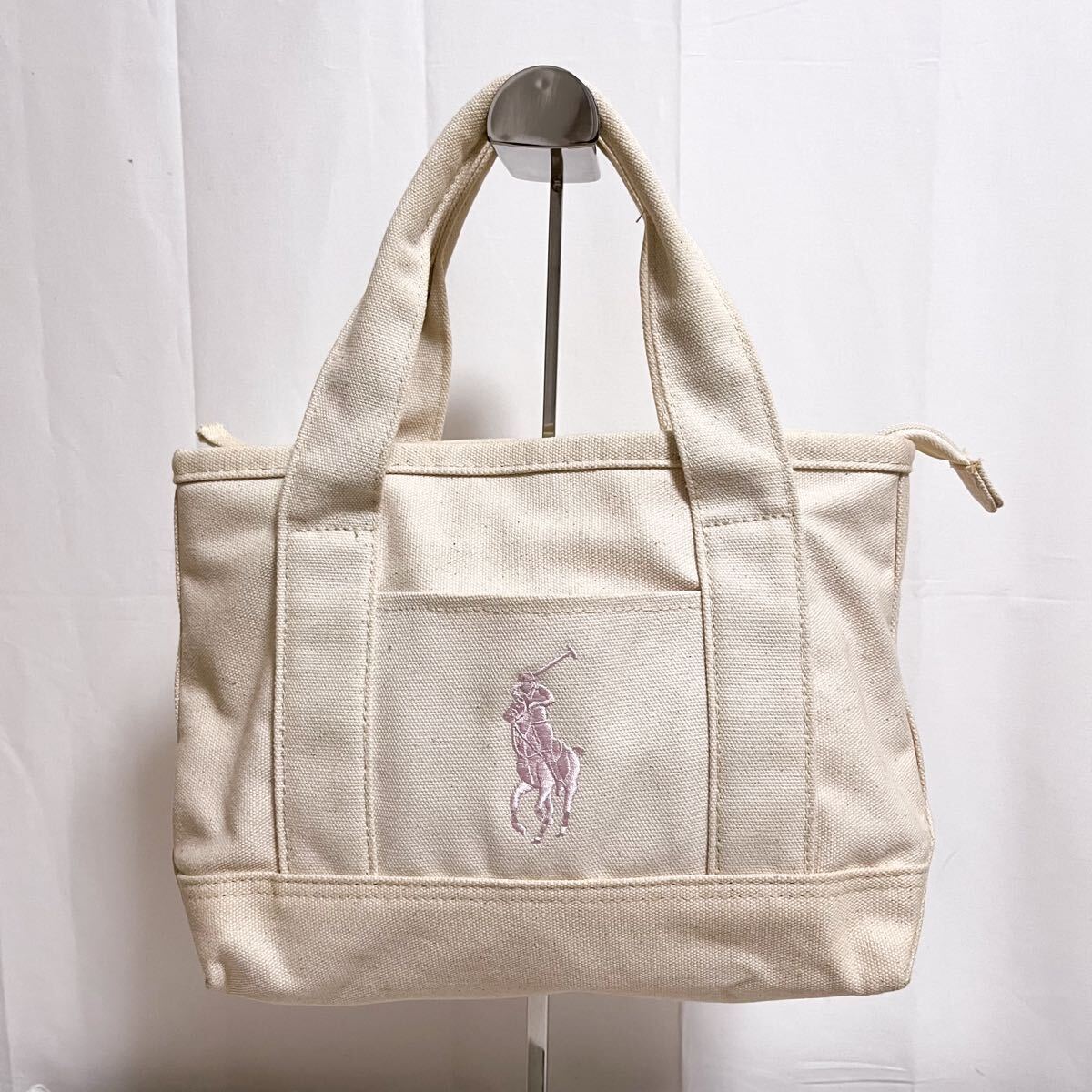 和858★① POLO RALPH LAUREN ポロラルフローレン キャンバス ハンドバッグ ビッグポニー ホワイト ピンク レディース拍卖