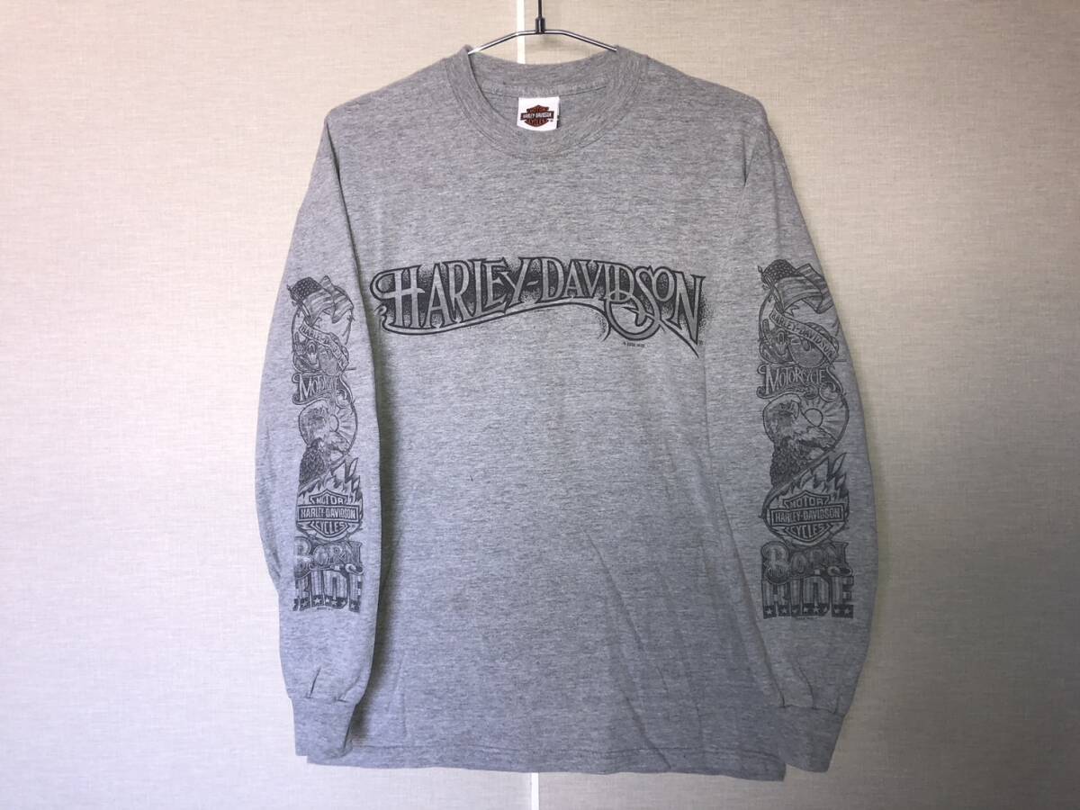 HARLEY DAVIDSON ロンTシャツ サイズM グレー BIG BOAR TATTOO スリーブ ハーレーダビッドソンバイカー ビンテージUSED古着 スケーター即決拍卖