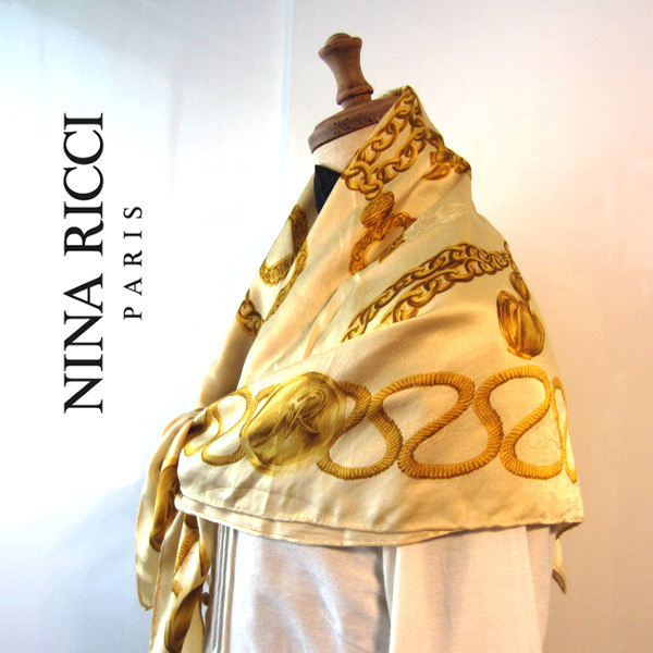 美品 NINA RICCI/ニナリッチ★ シルク チェーン柄スカーフ ゴールド拍卖