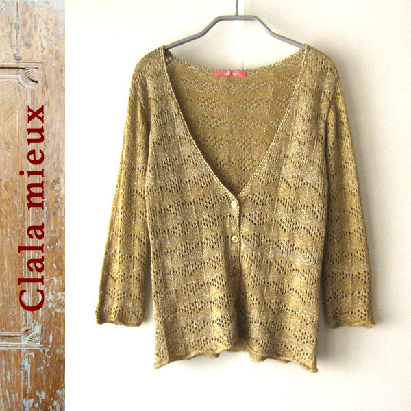 美品 Clala mieux/クララミュー★  ゴールド メッシュ ニットカーディガン拍卖