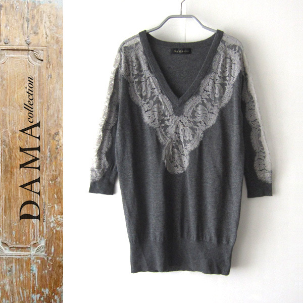 美品 DAMA COLLECTION/ダーマコレクション★ 襟袖レース 薄手ニット S拍卖