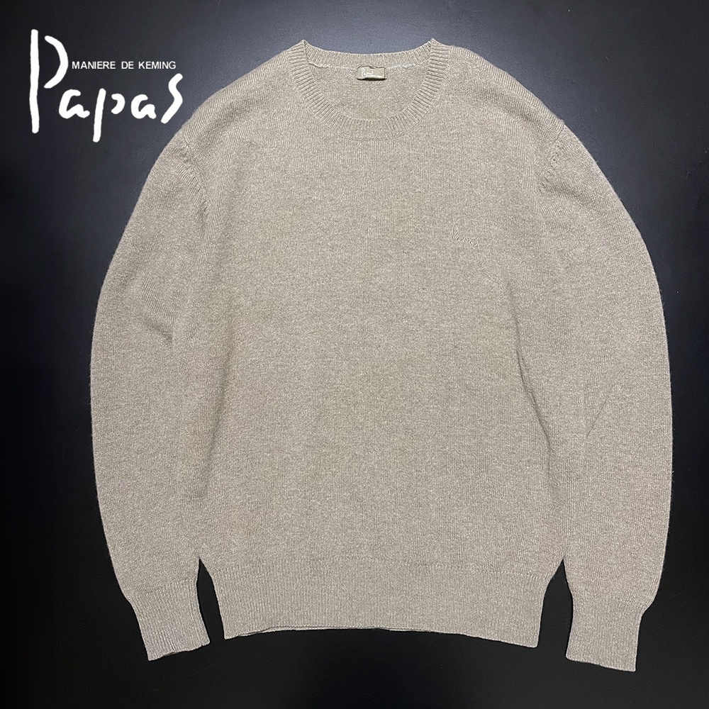 初期 パパス【PAPAS】カシミヤハーフ(50%) ロゴ刺繍 クルーネック 高級ウールニット/ベージュ M拍卖