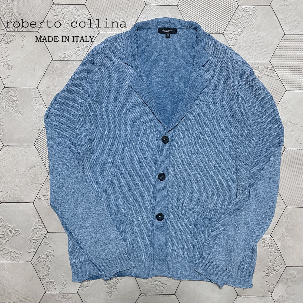 美品 イタリア製 ロベルトコリーナ【roberto collina】コットンニットジャケット/カーディガン 48 サックスブルー拍卖