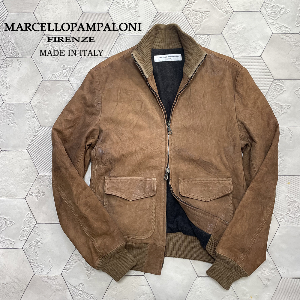 定価15万円 イタリア製 マルチェロパンパローニ【MARCELLO PAMPALONI】牛革 シワ加工 ヌバックレザー ボンバージャケット 52 茶拍卖