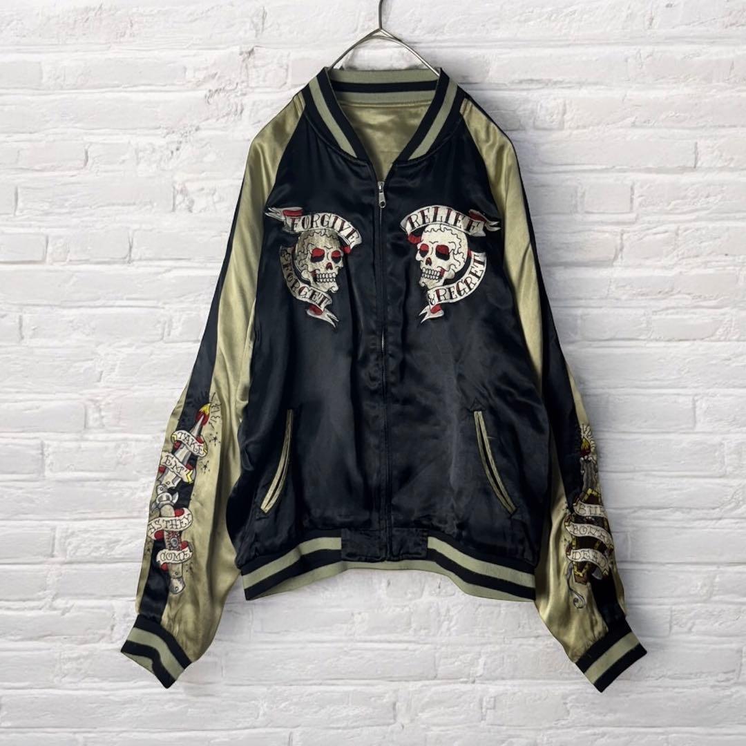 古着 スカジャン ブルゾン ジャケット リバーシブル スカル 刺繍 黒 金拍卖