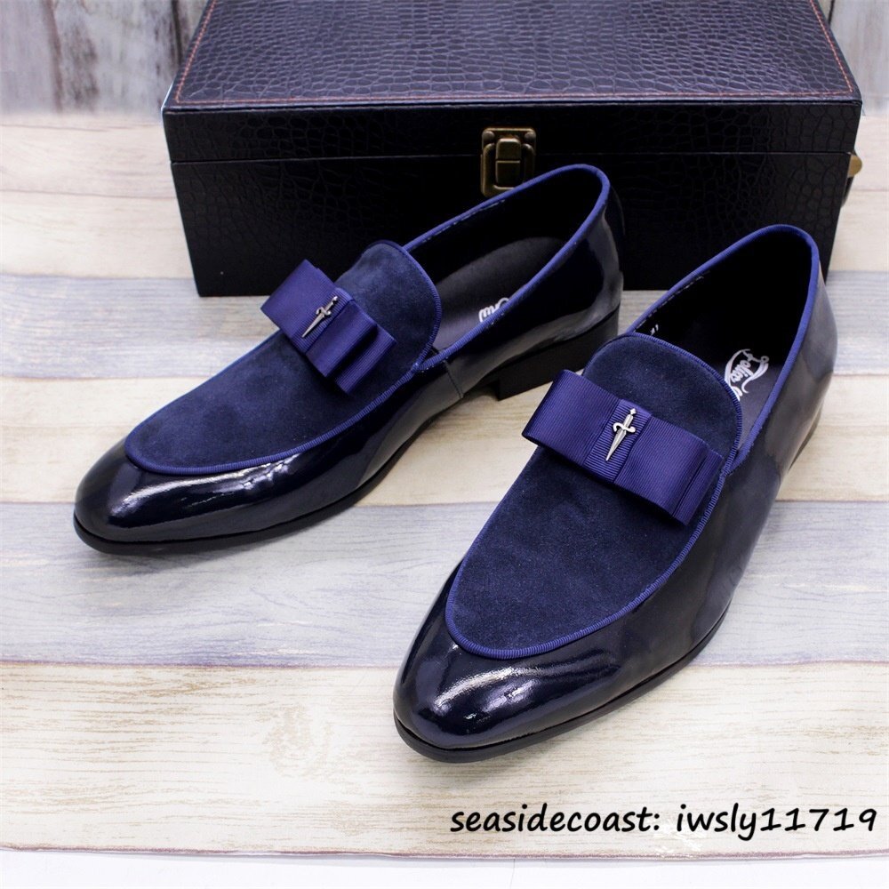 最高級★ビジネスシューズ メンズ ローファー スリッポン本革 レザーシューズ 職人手作り ドレスシューズ紳士靴 牛革 革靴 ネイビー 24.5cm拍卖