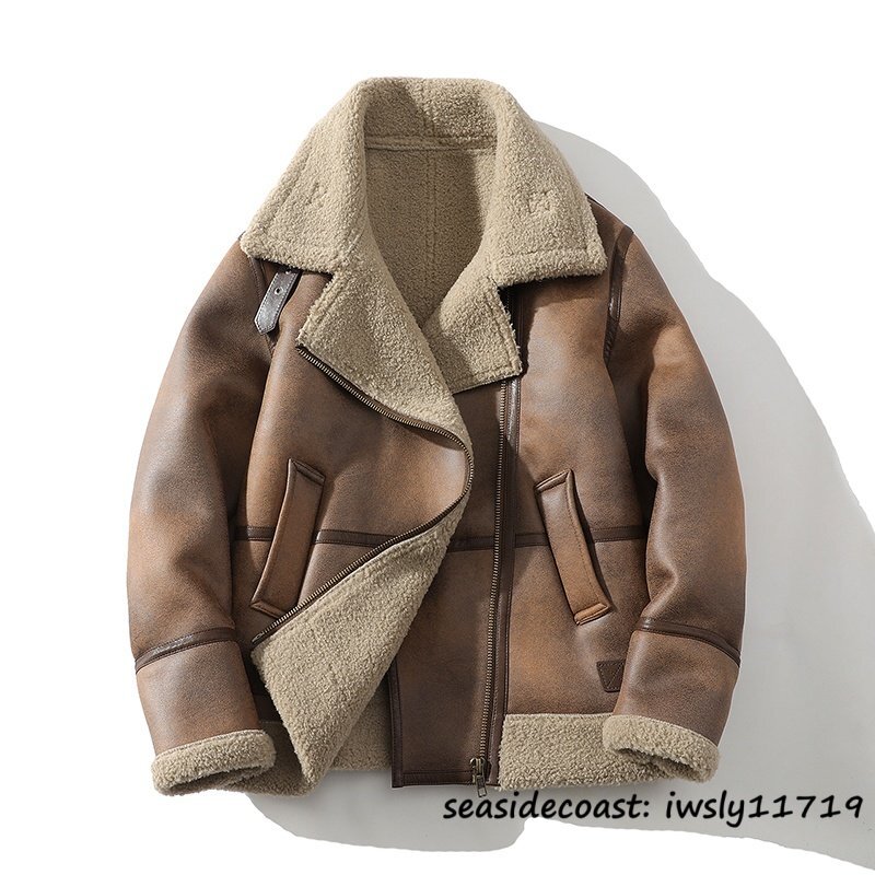 定価12万◆レザージャケット ムートンコート ファーコート 冬新品 毛皮 厚手 防寒 ライダース アウター ジャンバー ブルゾン ブラウン 3XL拍卖