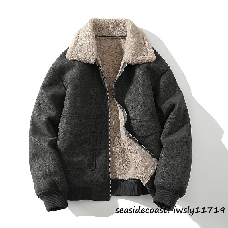 入手困難◆上品 ムートンコート メンズ フライトジャケット 超防寒 裏ボア 厚手 ライダース 毛皮 ファーコート バイクウエア グレー L拍卖