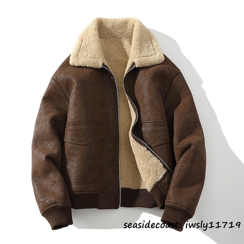 入手困難◆上品 ムートンコート メンズ フライトジャケット 超防寒 裏ボア 厚手 ライダース 毛皮 ファーコート バイクウエア 珈琲色 2XL拍卖