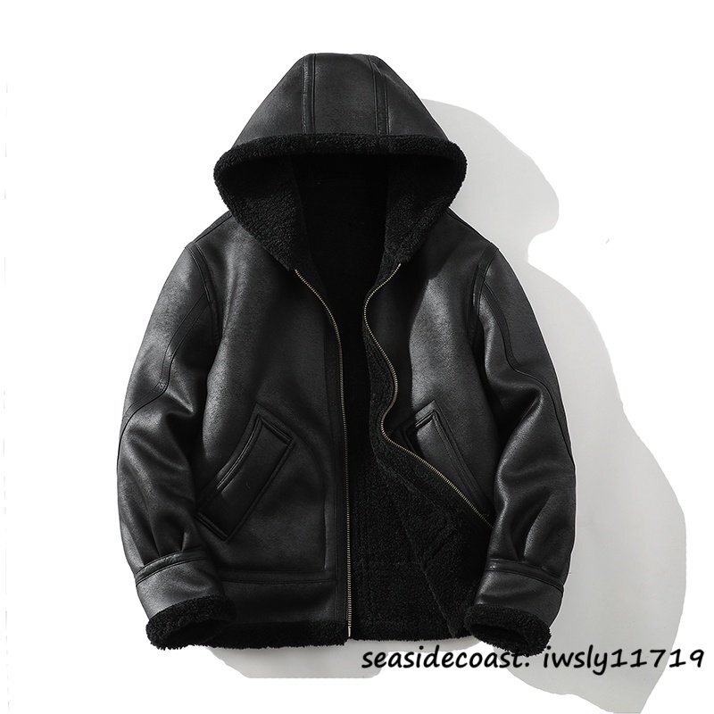 最上級*ライダース フード付き ムートンコート メンズ レザージャケット ブルゾン ジャンバー 防寒 厚手 フライトジャケット ブラック XL拍卖