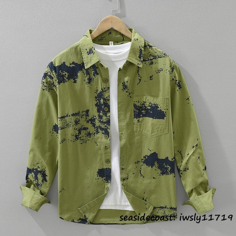 新品★メンズシャツ 春秋 総柄 長袖シャツ トップス カジュアルシャツ ヴィンテージ 個性 ゆったり コットン 柔らか お洒落 グリーン M拍卖