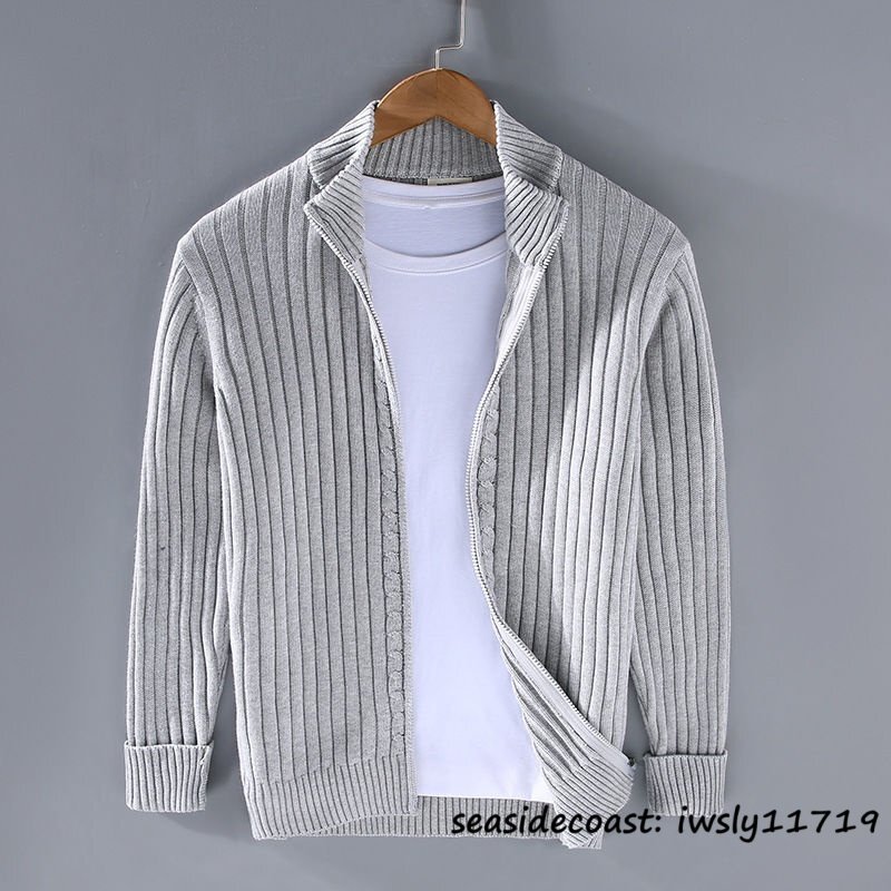 秋冬新作*ニット セーター メンズ 厚手 ニットジャケット トップス 長袖 アウター プルオーバー ハーフジップ コットン ライトグレー L拍卖