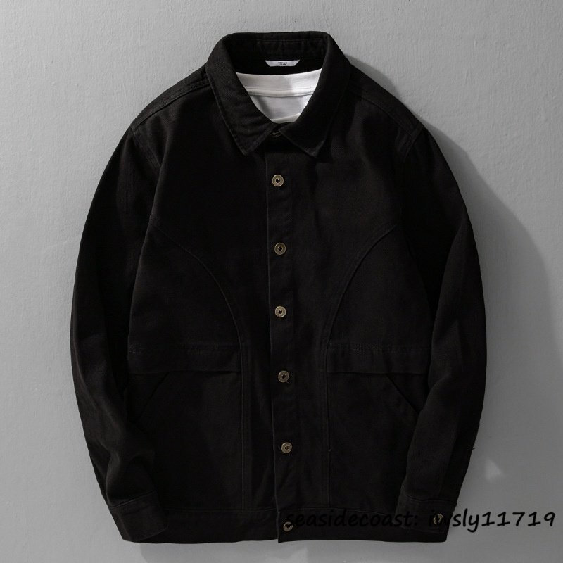春秋新品*ワークシャツ メンズ 無地 長袖シャツ アメカジ ワークジャケット ミリタリー 古着風 アウター ジャンパー ゆったり ブラック L拍卖