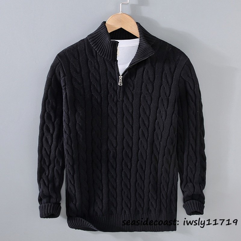 新品◆ニット セーター メンズ 厚手 無地 防寒 立ち襟 ブルゾン 麻編み プルオーバー ハーフジップ コットン 秋冬 上質 ブラック 3XL拍卖