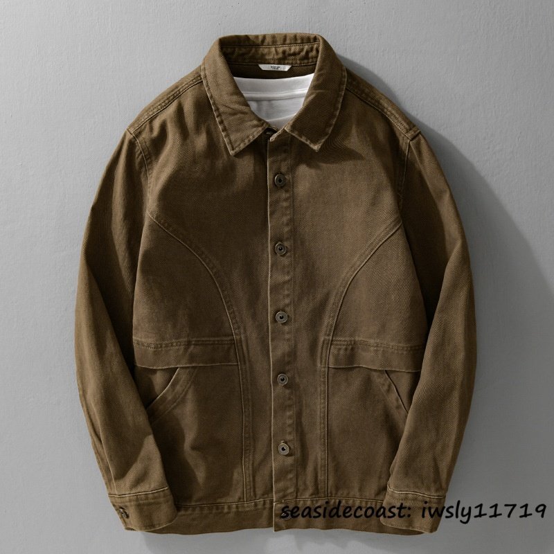春秋新品*ワークシャツ メンズ 無地 長袖シャツ アメカジ ワークジャケット ミリタリー 古着風 アウター ジャンパー ゆったり 珈琲色 3XL拍卖