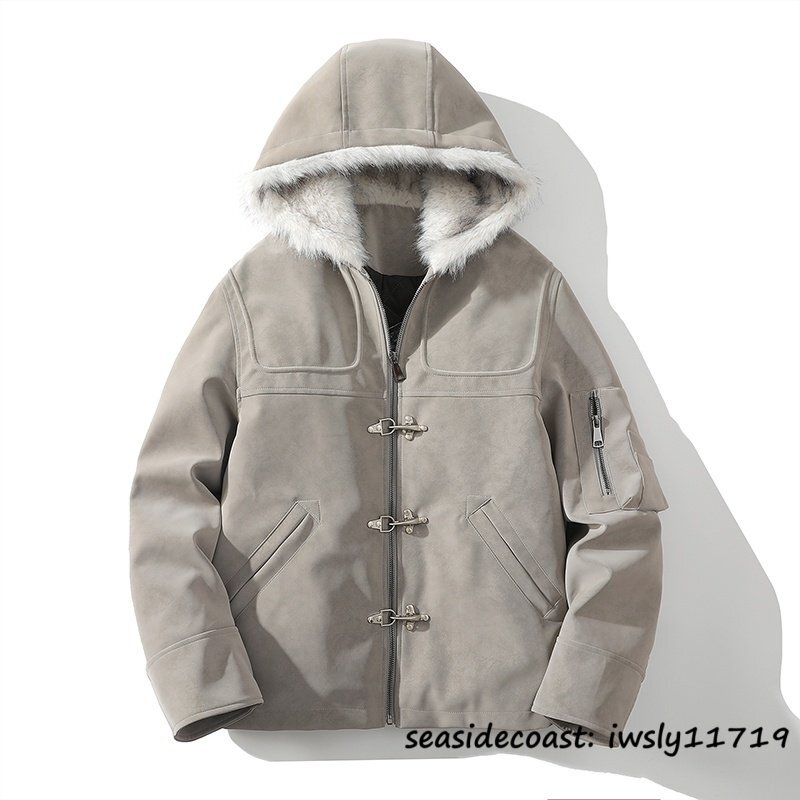 定価13万◆ムートンコート 秋冬新品 フード付き メンズ 保温 防寒 厚手 ダウンジャケット ファーコート ライダース ブルゾン グレー M拍卖