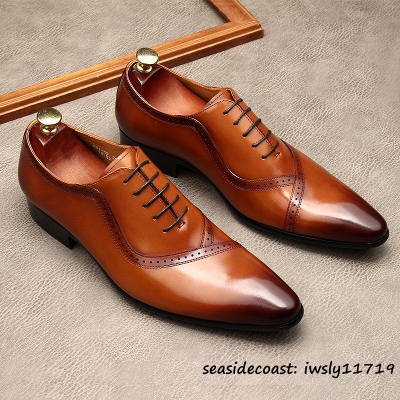 最高級◆定価9万 ビジネスシューズ 本革 レザーシューズ メンズ 超希少 職人手作り 牛革 紳士靴 フォーマル 冠婚葬祭 革靴 ブラウン 25.0cm拍卖