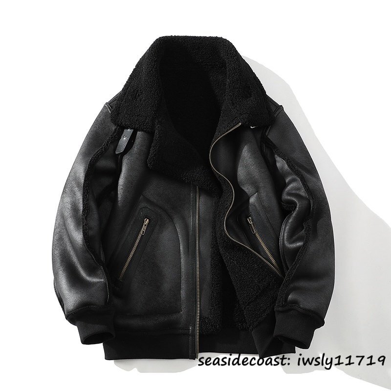 超美品◆最高級 ファーコート メンズ ムートンコート 厚手 超防寒 毛皮 ジャンバー ブルゾン フライトジャケット ふわふわ ブラック L拍卖