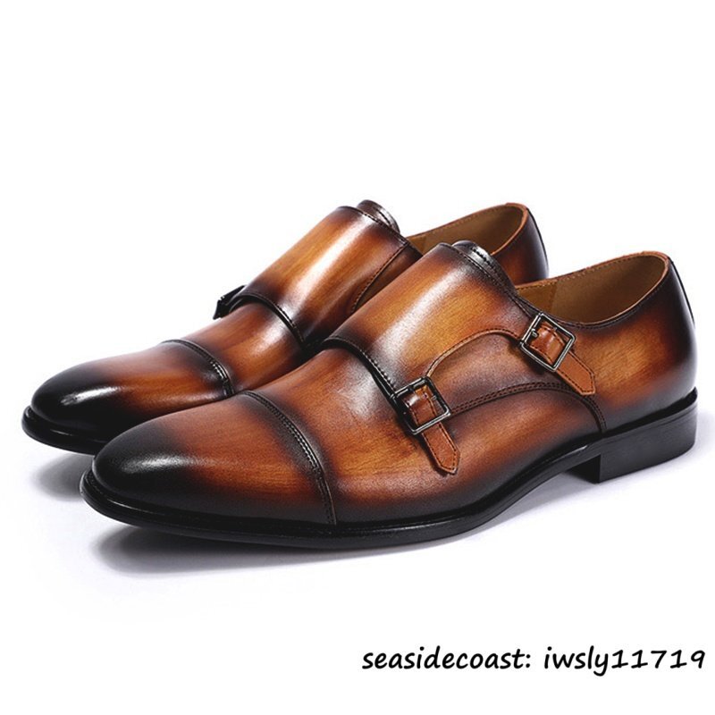入手困難*ダブルモンクストラップ メンズ 本革 レザーシューズ 職人手作り ビジネスシューズ 最上級牛革 紳士靴 革靴 新品 ブラウン 27.0cm拍卖