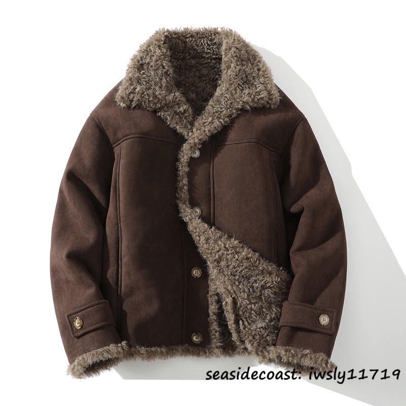 超美品★冬新品 ファーコート メンズ ムートンコート 裏起毛 超防寒 厚手 上質毛皮 ブルゾン ライダース フライトジャケット 珈琲色 L拍卖