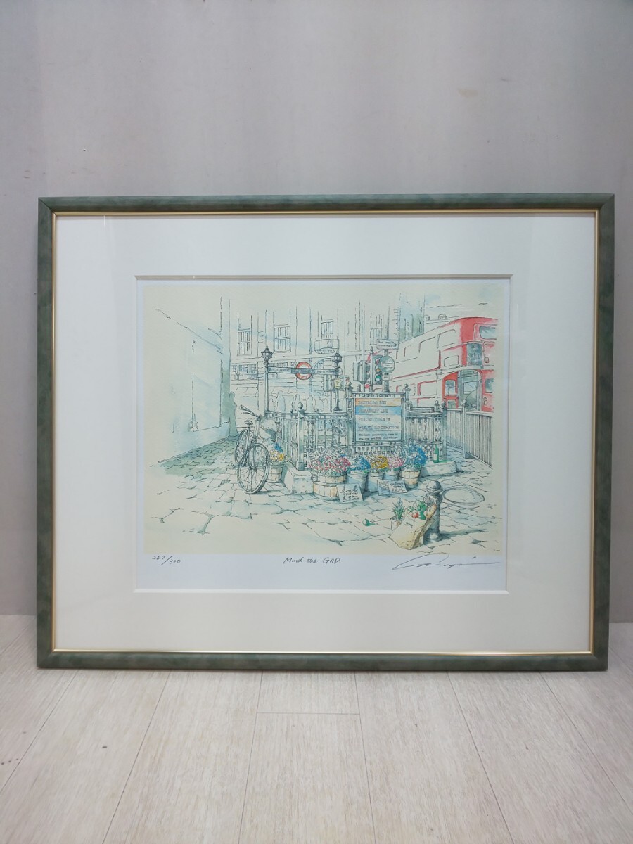 ☆【真作】内田新哉 Mind the GAP PLF-1650 額装 ウッドグリーン リトグラフ HIBELL ART 約55×45cm☆ 版画 直筆サイン う1015拍卖