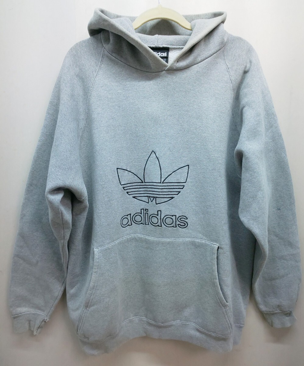 ☆アディダス スウェットパーカー 裏起毛 アメリカ製 XLサイズ グレー トレフォイル刺繍☆adidas パーカー MADE IN USA ヴィンテージ拍卖