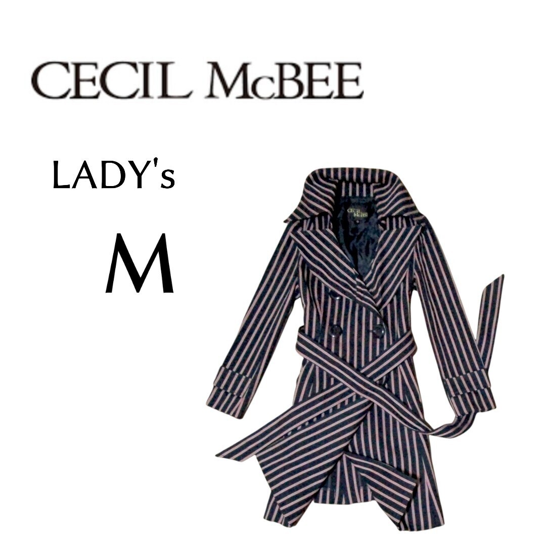 送料込み レディースMサイズ CECIL MC BEE ストライプ柄トレンチコート navy色拍卖