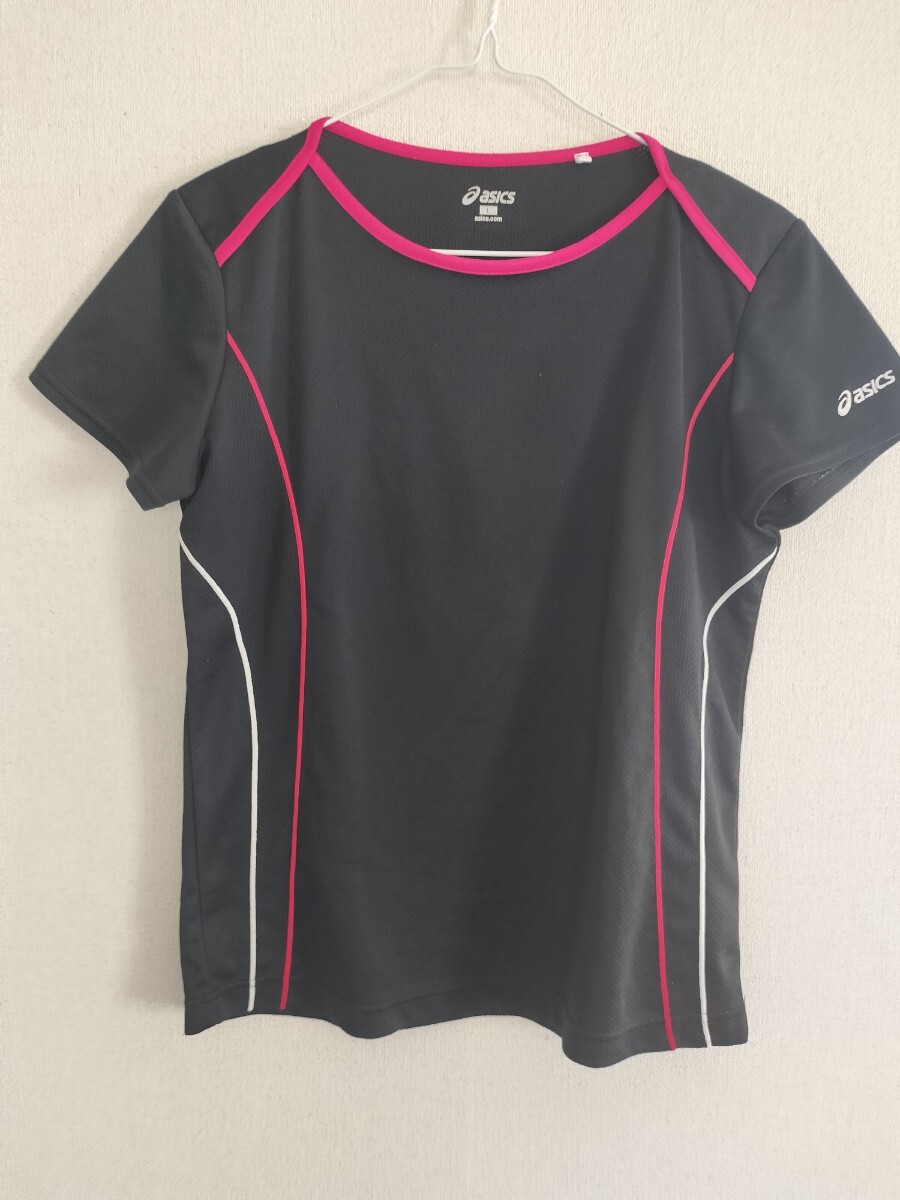 【美品】アシックス★ 黒いスポーツウェア 半袖Tシャツ 赤、ピンク、白のトリミング ★女性L拍卖